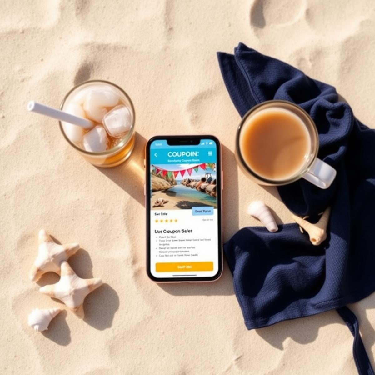 Guest viewing coupon book on phone at the beach